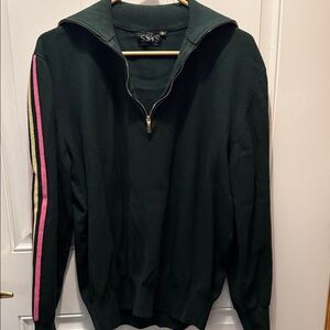 SSYS Dark Green Half-Zip Sweater with Pink & Gold Sleeve Stripes